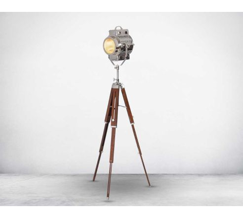 Studio tripod lamp in silver nickel and wood with height-adjustable lever.