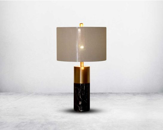 Table lamp with gold metal & marble base with translucent fabric shade.