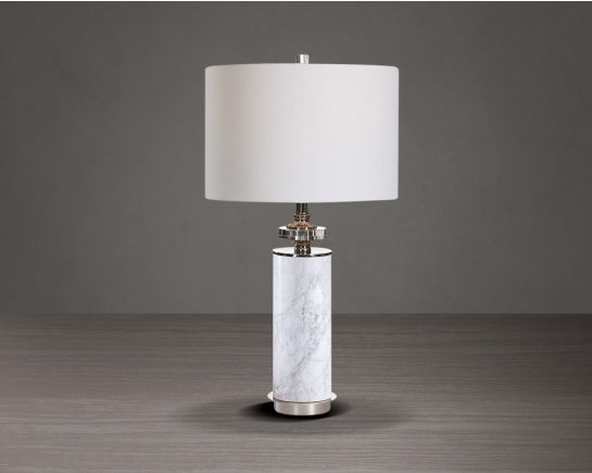 Illuminate your home with this table lamp in marble and metal base which comes with a round translucent fabric shade in modern chic design.