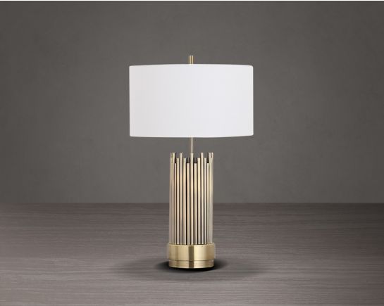 Table lamp in fluted matt gold decorative metal base & translucent fabric shade in ultra-modern design