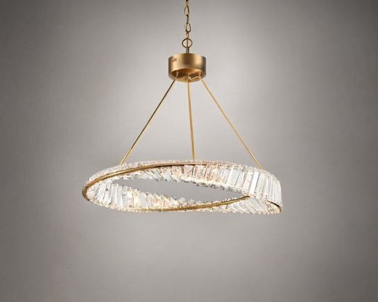 Art deco chandelier with crystal prism fringe adorned with champagne gold metal band evokes the boldness and glamour of the era