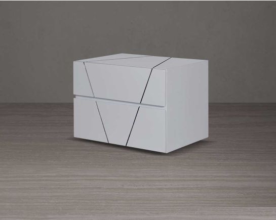 The bedside table is crafted in white lacquered high gloss finish with two spacious drawers in sleek modern design side view