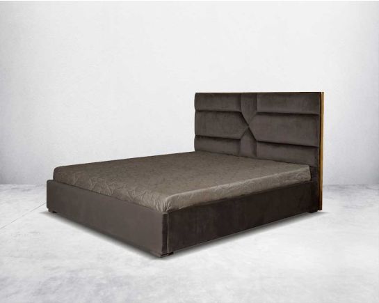 This lavish high-back bed in king size upholstered & quilted in suede fabric with wooden legs side view