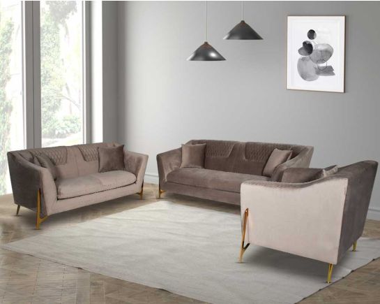3+2+1 seater sofa set upholstered in velvet fabric with quilted backrest.