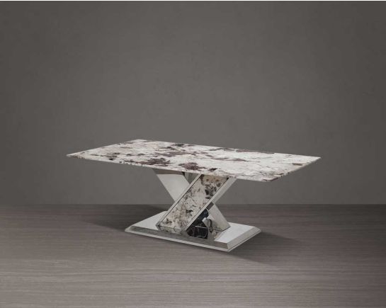 A stylish rectangular coffee table with a natural white marble top and a glistening stainless steel crisscross base.
