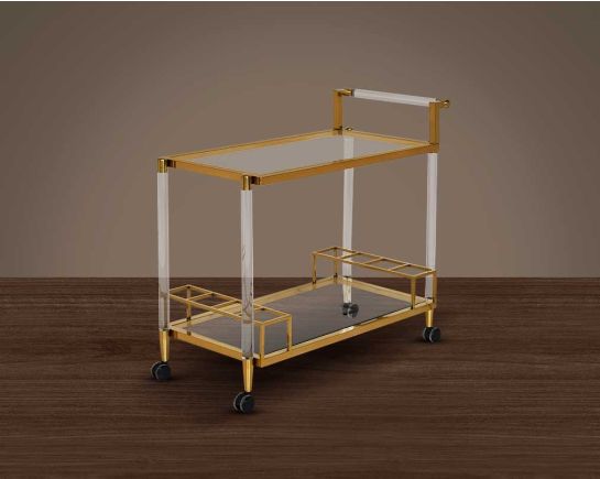 his sleek, contemporary movable serving trolley is crafted in acrylic with a clear tempered glass top and a sturdy fingerless shiny gold-finished stainless steel frame.