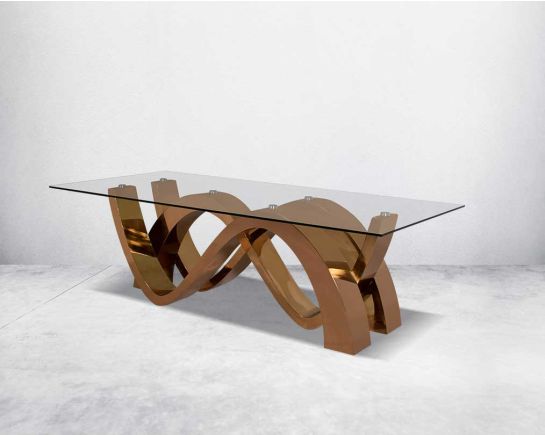 This 8-seater dining table with clear tempered glass top comes with an artful abstract wave-shaped concave design finished in a shiny rose gold plated stainless steel base in rose gold finish