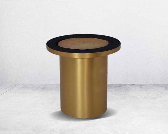 This sleek round black tempered glass with veneer inlay top End table with a tubular stainless steel matt gold finished base