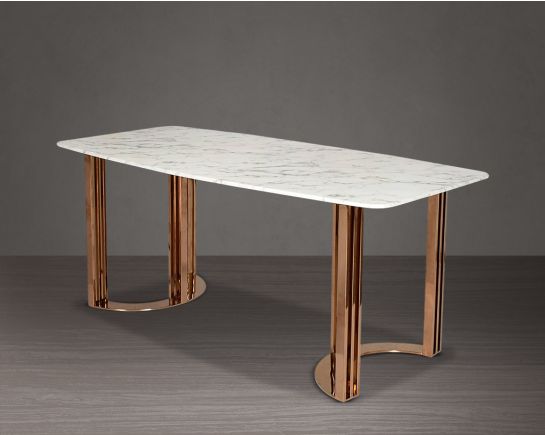 8 Seater rectangular dining table with white marble top and high polished rose gold plated stainless steel base.