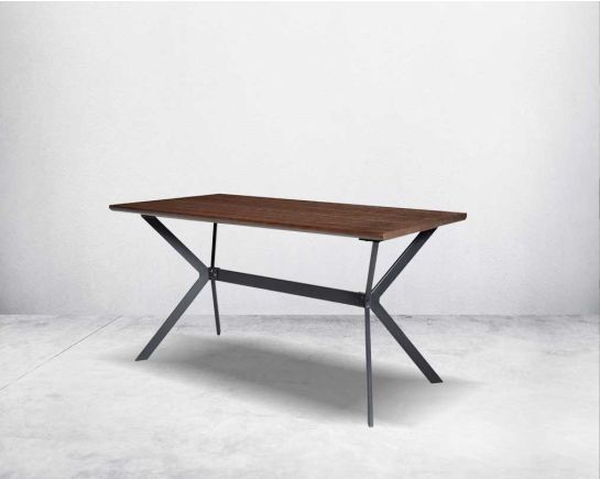This 6-seater dining table comes with a wood veneer top with matt black metal base in a cross design.