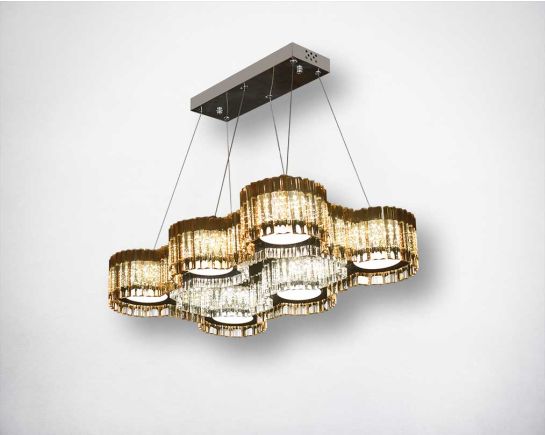 Art deco pendant light with champagne and clear glass prism.