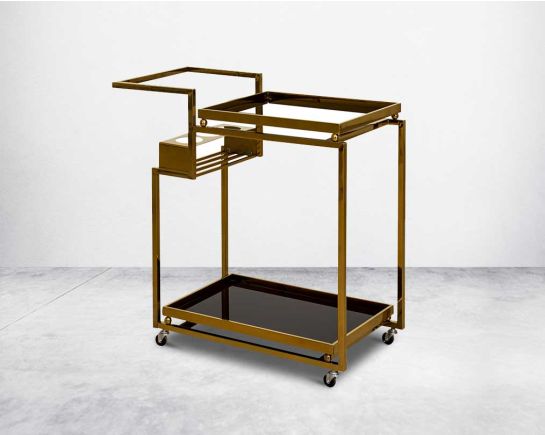 Afilo Gold Trolley dining cart with black glass  gold plated top and base.