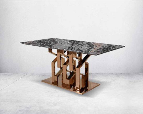 Glorious 6-seater black marble top dining table with a glossy rose gold stainless steel base.