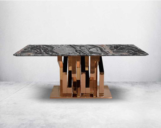 Glorious 8-seater black marble top dining table with a glossy rose gold stainless steel base with front view.