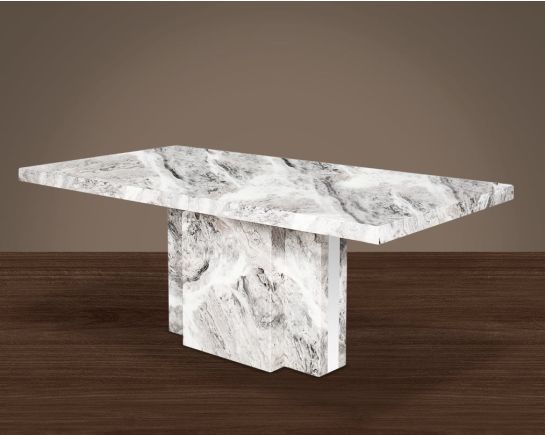 8 Seater rectangular dining table with marble top and base in a glossy finish with stainless steel trims at the sides.