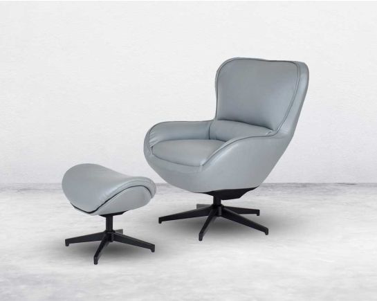 This chair features a modern design aiming to provide comfort and style. rocking armchair upholstered in grey faux leather featuring lumbar support for your lower back with a swivel mechanism. Rocking ottoman upholstered in faux leather. The lounge chair 
