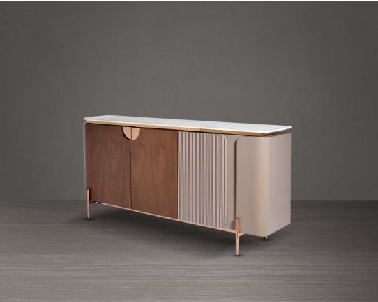 Buffet/Sideboard in matt walnut veneer & high-quality matt paint with white sintered stone top and high polished rose gold plated stainless steel base & legs in modern design.