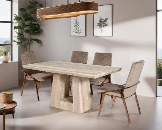 This 6 & 8 seater Rectangular Dining Table is beautifully crafted to add lasting quality & functionality to your dining space. It is a gorgeous amalgamation of a solid brown marble top & marble base. 
