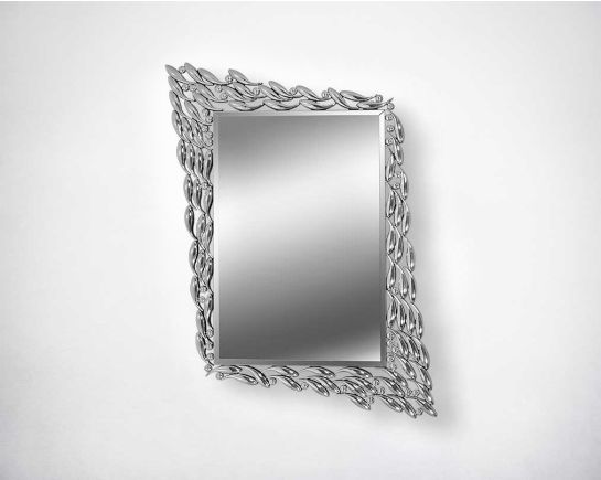 Rectangular wall mirror with silver mirror border in fish-shaped motif in ornamental design.