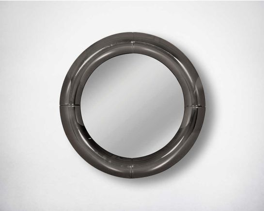 Round wall mirror with grey curved mirror border in rich contemporary design.