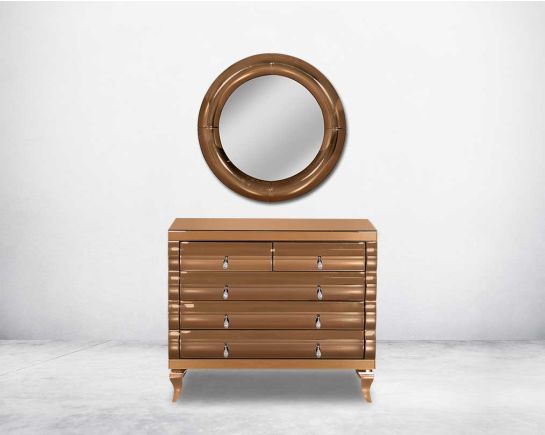 Round wall mirror with tawny curved mirror  with table 6 drawer border in rich contemporary design.