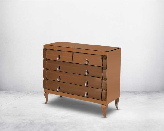 Chest of drawers in curved tawny mirror with rose gold plated stainless steel legs.