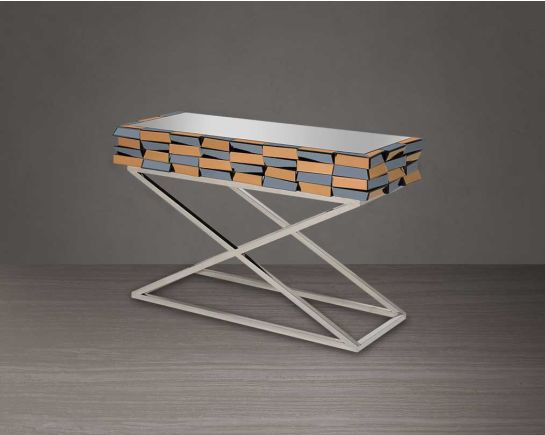 Console table with clear glass top with grey & tawny mirror & high polished stainless steel legs in cross design.
