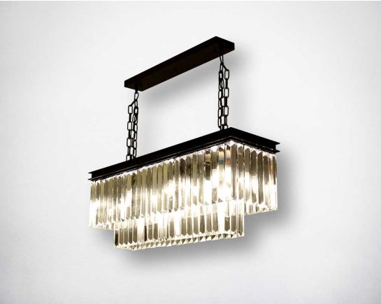 Art deco chandelier with smoky amber crystal prism fringe with black iron frame.