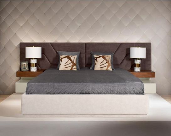 This elegant king-size bed comes upholstered in fabric & quilted in modern classic design The gorgeous bedside table comes in beige glossy finish & light walnut top with one drawer.