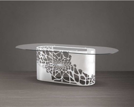 This exquisite & beautiful dining table with an artistic laser cut base in glossy stainless steel base with clear bevelled tempered glass top in a sumptuous style.