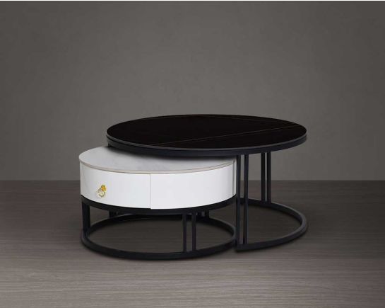This sleek modern round coffee table set with a drawer comes with a glossy sintered stone top and a matt black stainless steel base in geometric design.