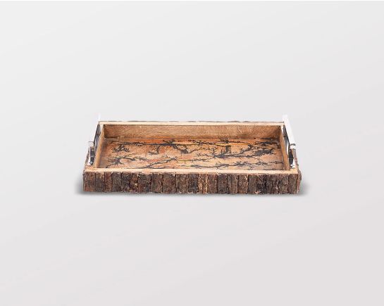Rectangular tray in rustic natural wood, with stainless steel handle small