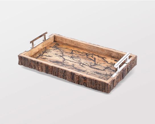Rectangular tray in rustic natural wood, with stainless steel handle large