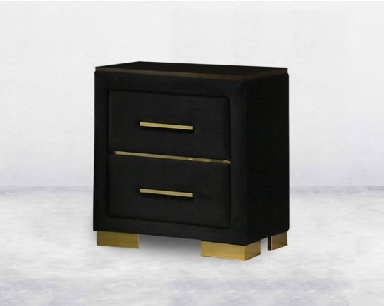 Bedside Table is crafted in dark walnut and high gloss gold finish metal hardware with 2 drawers.