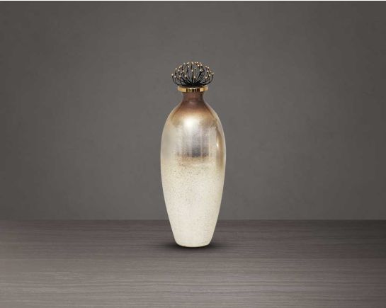 Decorative bottle in champagne & black busanga luster glass with ornamental aluminum lid. large 