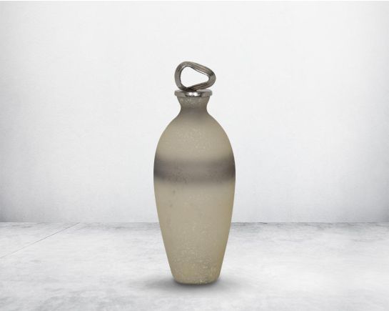 ecorative bottle in grey & white tinted luster glass with ornamental nickel plated aluminum lid.  bottle big 
