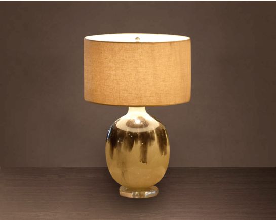 Glass Table lamp in Melting Moss Enamel feel with translucent beige fabric shade.