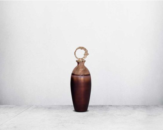 Decorative bottle in champagne & Atacama tinted lustre glass with ornamental antique gold plated aluminium lid. small