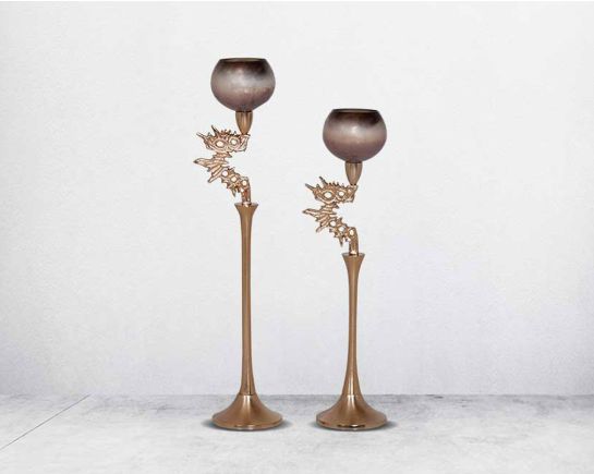 Goblet glass votive t-lite holder in champagne & earthy haven lustre glass with antique gold finish aluminium decorative base 1 large 2 small