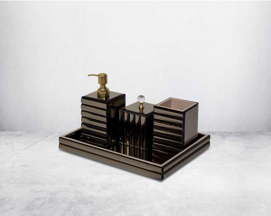 This accessories set comprises of lotion dispenser/tbh/cotton jar tray & tissue box.