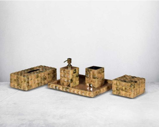 This brown resin marble design bathroom accessories set comprises a lotion dispenser/tbh/cotton jar tray. Glass liquid dispensers and hand wash dispensers are sleek and modern, offering a more classic look.