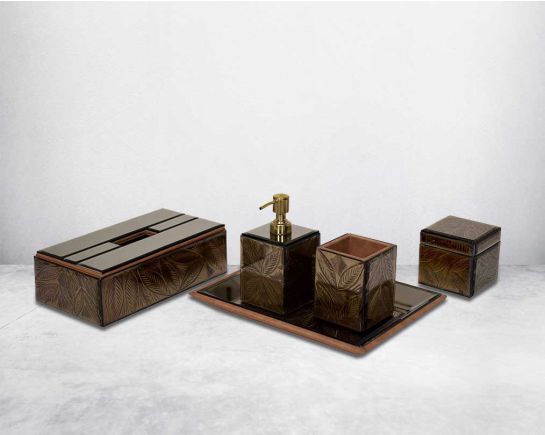 This modern classic bathroom accessory in brown leaf pattern glass with leaf pattern design bathroom accessories features a combination of classic and contemporary styles adding a sophisticated and unique touch to any bathroom space. This accessories set 