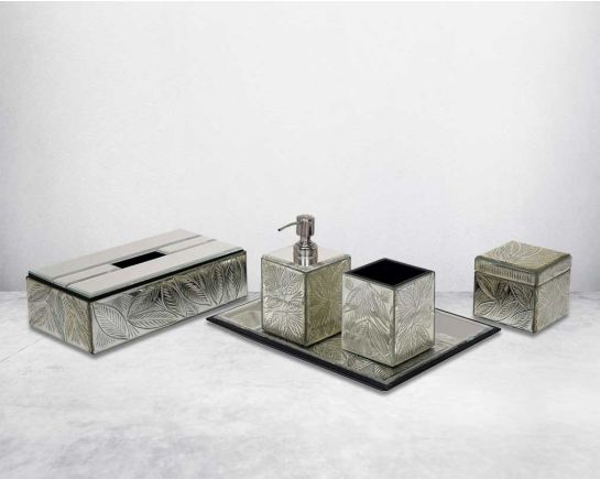 This gorgeous collection in silver glass with white leaf pattern glass design bathroom accessories features a combination of classic and contemporary style adding a sophisticated and unique touch to any bathroom space. This accessories set comprises of lo
