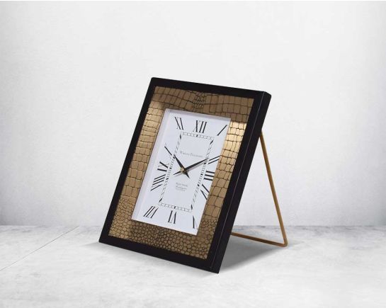 Rectangular table clock in croc etched design in matt antique brass finish & matt black frame with Roman numerals in rich contemporary design.