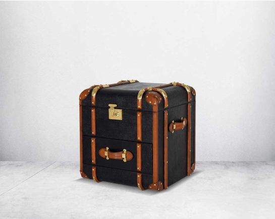 End table in distressed jute resin in a vintage look with brass hardware and wooden slats with side view view