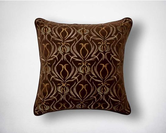 Brown and antique gold poly silk embroidered cushion.