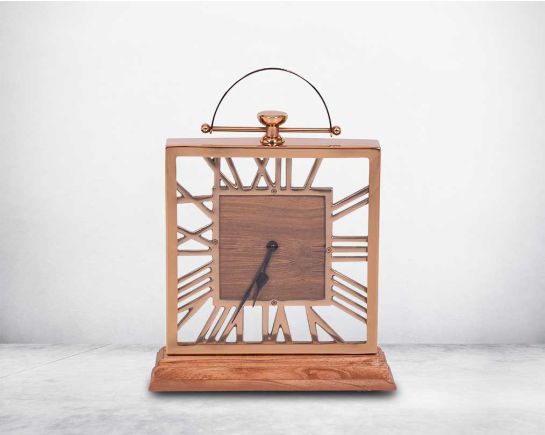 Square table clock in rose gold and wood in natural polish with  front view roman numerals.