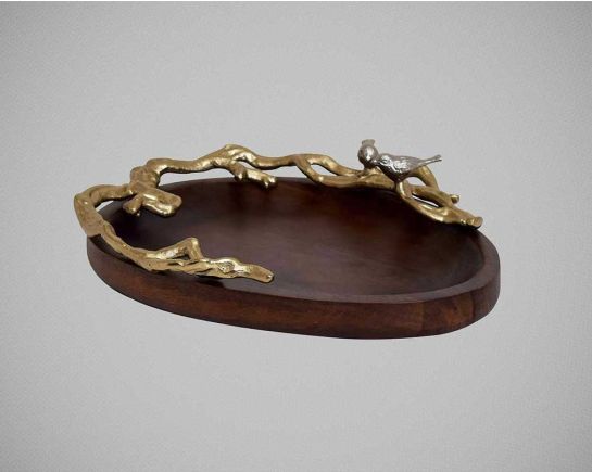 Platter in dark walnut with a decorative finish wood with gold-finished nickel-plated aluminum handle.
