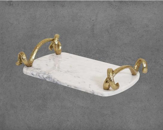 Marble Platter/ Cheese board in white with lustrous gold-finished handles.