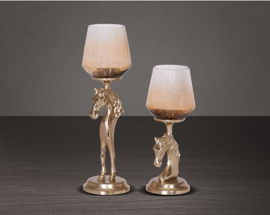 This vintage horse pillar candle holder with ombre grey lustre glass and gold-finished aluminium base 1 large 2 small